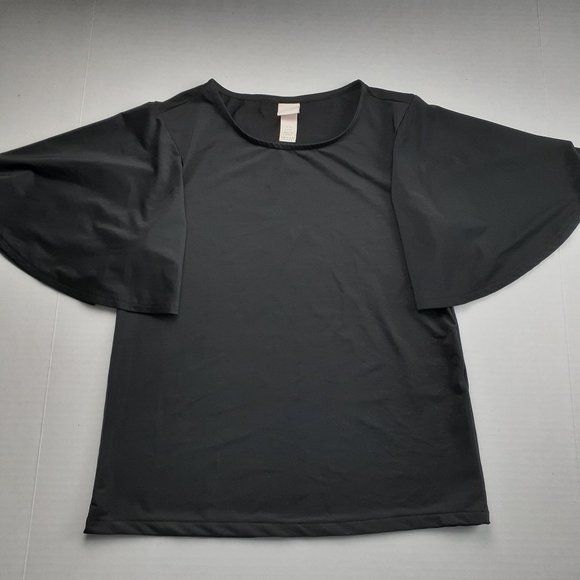 H&M Flounce Top Women's Size XS Black Bell Short Sleeve Round Neck Shiny - Picture 1 of 7